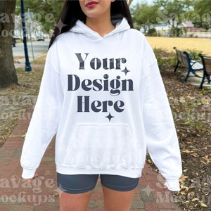 Gildan 18500 White Hoodie Mockup | Sweatshirt Mockup | White Hooded Sweatshirt Mockup | Trendy Outdoor Mockup | Gildan 18500 Mockup