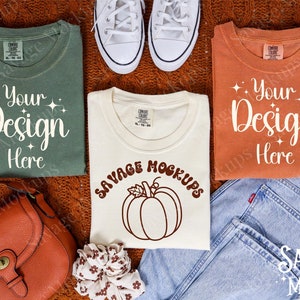 Fall Comfort Colors Mockup Trio | Folded Shirts in Moss, Ivory, and Yam | Fall Mockup | Halloween Comfort Colors Mockup | Group Mockup