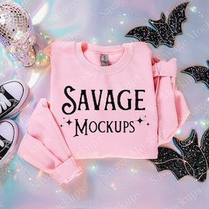 Light Pink Gildan 18000 Halloween Mockup | Light Pink Halloween Sweatshirt Mockup | Trendy Halloween Mockup with Bats | Halloween Mockup
