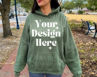 Gildan 18500 Military Green Hoodie Mockup | Sweatshirt Mockup | Green Hooded Sweatshirt Mockup | Trendy Outdoor Mockup | Gildan 18500 Mockup