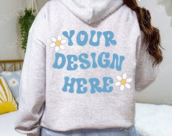 Back of Ash Gildan 18500 Mockup | Trendy Hoodie Mockup | Model Mockup | Hooded Sweatshirt Mockup | Ash Hoodie mockup | Gray Sweatshirt