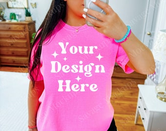 Neon Pink Comfort Colors 1717 Mockup | C1717 Shirt Mockup | Model Mockup | Neon Pink Mockup | Trendy Aesthetic Mockup | Selfie Mockup