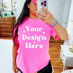 Neon Pink Comfort Colors 1717 Mockup | C1717 Shirt Mockup | Model Mockup | Neon Pink Mockup | Trendy Aesthetic Mockup | Selfie Mockup