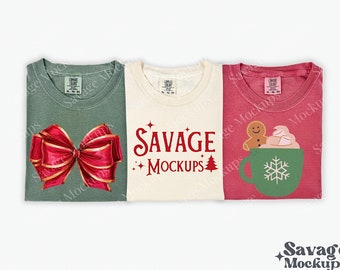 Christmas Comfort Colors 1717 Group Mockup | Moss, Ivory, and Crimson Folded 1717 Mockup | Christmas Mockup | Family Christmas Shirt Mockup