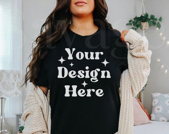Black Bella Canvas 3001 Mockup / Bella Canvas Mockup / Black Bella Canvas / Mockup estetico alla moda / Mockup carino e accogliente / Mockup maglietta nera