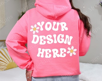Back of Gildan 18500 Safety Pink Mockup | Trendy Pink Hoodie Mockup | Model Mockup | Hooded Sweatshirt Mockup | Pink Hoodie mockup