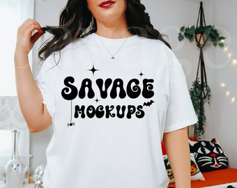 Weiß Komfort Farben Halloween Mockup | Weiß 1717 Mockup | Trendiges Halloween Mockup | Halloween Mockup | Weißes Hemd Mockup