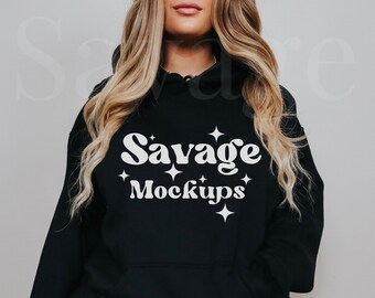 Zwart Gildan 18500-mockup | Trendy hoodiemodel | Modelmodel | Mockup sweater met capuchon | Mockup met zwarte hoodie | Gildan-mockup