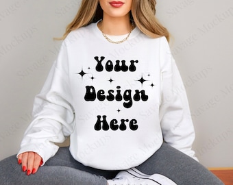 White Gildan 18000 Mockup | Sweatshirt Mockup | White Sweatshirt Mockup | Trendy Mockup | Gildan 18000 Mockup