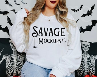 White Gildan 18000 Halloween Mockup | White Gildan Sweatshirt | Halloween Sweatshirt Mockup | Sweatshirt Mockup | White Halloween Mockup