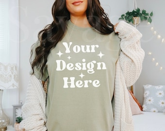 Khaki Comfort Colors Mockup | C1717 Shirt Mockup | Trendy Aesthetic Mockup | Cute Cozy Girly Aesthetic Mockup | Khaki Shirt Mockup