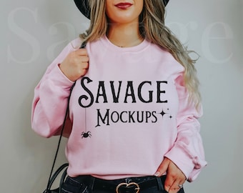 Halloween Gildan 18000 Mockup in Light Pink | Sweatshirt Mockup | Pink Sweatshirt Mockup | Trendy Halloween Mockup | Fall Mockup