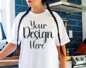 White Comfort Colors 1717 Mockup  | White Comfort Colors Tshirt  | Coffee Drinking Mockup | Lifestyle Mockup | Oversized Shirt Mockup