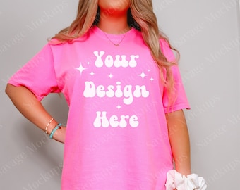 Neon Pink Comfort Colors Mockup | Comfort Colors 1717 | Model Mockup | Hot Pink Shirt Mockup | Trendy Mockup | Unisex Shirt Mockup