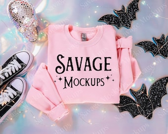 Light Pink Gildan 18000 Halloween Mockup | Light Pink Halloween Sweatshirt Mockup | Trendy Halloween Mockup with Bats | Halloween Mockup