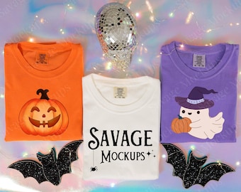 Halloween Comfort Colors Mockup Trio | Folded Shirts in Orange, White, and Purple | Halloween Shirt Mockup | Group shirt Mockup
