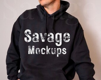 Gildan 18500 Maqueta negra / Maqueta de sudadera con capucha negra / Maqueta de modelo masculino / Maqueta de sudadera con capucha