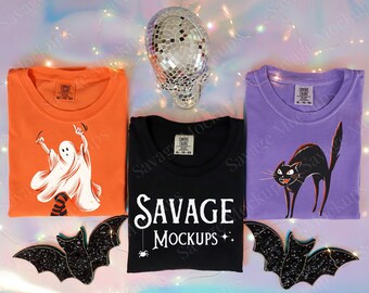 Halloween Comfort Colors Mockup Trio | Folded Shirts in Orange, Black, and Purple | Halloween Shirt Mockup | Group shirt Mockup