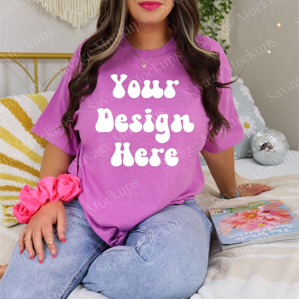 Gildan 5000 Heather Radiant Orchid Mockup | Purple Shirt Mockup | Trendy Mockup | Model Mockup | T-Shirt Mockup | Preppy Shirt Mockup