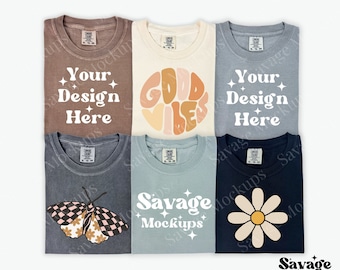 Group Comfort Colors 1717 Mockup | Espresso, Ivory, Grey, Pepper, Bay, and Black Mockup | Folded Shirt Mockup | Neutral Earth Tone Flat Lay