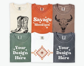 Group Comfort Colors 1717 Mockup | Ivory, Yam, Espresso, Moss, White, and Pepper mockup | Folded Shirt Mockup | Western Boho Flat Lay