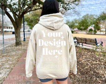Gildan 18500 Sand Back Mockup | Trendy Hoodie Mockup | Lifestyle Mockup | Hooded Sweatshirt Mockup | Sand Hoodie mockup | Gildan Mockup