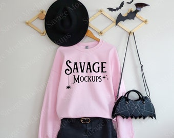 Halloween Gildan 18000 Mockup in Light Pink | Halloween Mockup | Sweatshirt Mockup | Pink Sweatshirt Mockup | Outfit Mockup | Fall Mockup