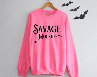 Halloween Gildan 18000 Safety Pink Mockup | Halloween Mockup | Sweatshirt Mockup | Pink Sweatshirt Mockup | Fall Mockup | Tshirt Mockup