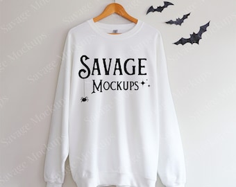 Halloween Gildan 18000 Mockup in White | Halloween Mockup | Sweatshirt Mockup | White Sweatshirt Mockup | Hanging Mockup | Fall Mockup