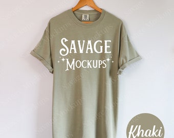 Comfort Colors Khaki Mockup / C1717 Mockup / Hanging Shirt Mockup / Flat Lay Mockup / Khaki Shirt Mockup / Unisex Shirt Mockup