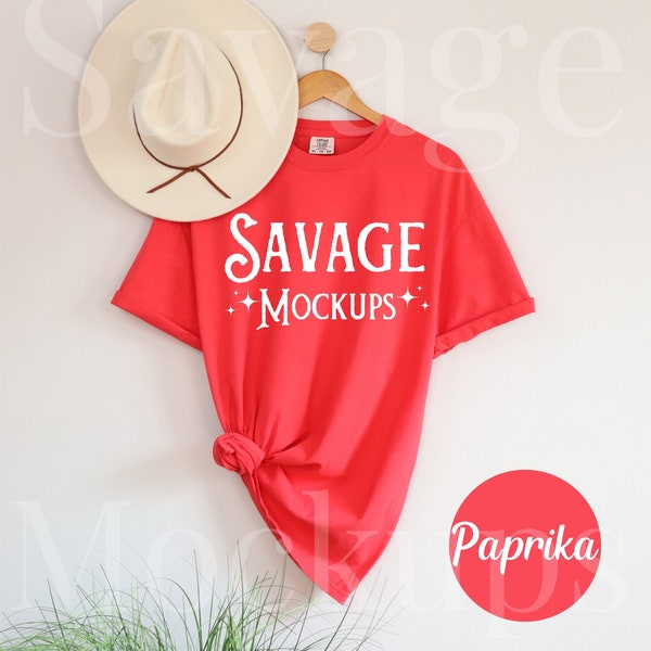 Comfort Colors Paprika Mockup | C1717 Mockup | Hanging Shirt Mockup | Flat Lay Mockup | Red Shirt Mockup | Unisex Shirt Mockup
