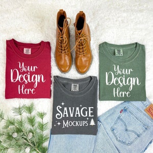Christmas Comfort Colors Mockup Trio | Folded Mockup in Chili, Pepper, and Moss | Christmas Mockup | Christmas shirt Mockup