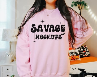 Light Pink Gildan 18000 Halloween Mockup | Spooky Halloween Sweatshirt Mockup | Pink Sweatshirt Mockup | Cute Trendy Halloween Mockup