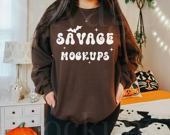 Dark Chocolate Gildan 18000 Halloween Mockup | Spooky Halloween Sweatshirt Mockup | Brown Sweatshirt Mockup | Cute Trendy Halloween Mockup