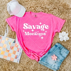 Neon Pink Comfort Colors 1717 Mockup | Comfort Colors Mockup | Neon Pink Shirt Mockup | Trendy Summer Mockup | Flat Lay Mockup