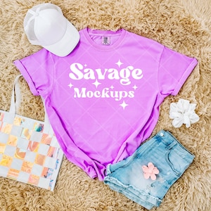 Neon Violet Comfort Colors 1717 Mockup | Comfort Colors Mockup | Neon Violet Shirt Mockup | Trendy Summer Mockup | Flat Lay Mockup