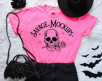 Halloween Comfort Colors Mockup in NEON PINK | Comfort Colors Mockup | Halloween Shirt Mockup | Pink Shirt Mockup | Halloween Mockup