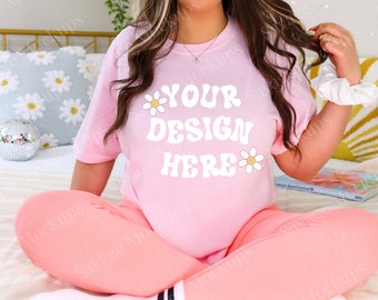 Comfort Colors Blossom Mockup | Pink Shirt Mockup | Model Mockup | 1717 Shirt Mockup | Trendy Shirt Mockup | Preppy Shirt Mockup