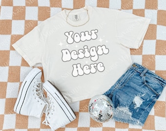 Ivory Comfort Colors 3023cl Mockup | 3023 Mockup | Comfort Colors Mockup | Trendy Flat Lay | Women’s Boxy Tee Mockup | Ivory Shirt Mockup