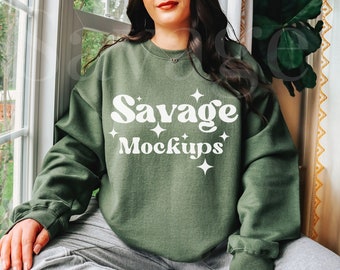 Military Green Gildan 18000 Mockup | Sweatshirt Mockup | Green Sweatshirt Mockup | Model Mockup | Cozy Lifestyle Mockup