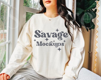 Ivory Comfort Colors 1466 Sweatshirt Mockup | Ivory 1466 Model Mockup | Comfort Colors Lightweight Sweatshirt Mockup | Cozy Lifestyle Mockup
