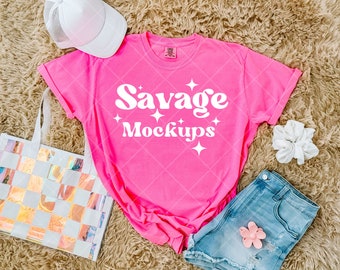 Neon Pink Comfort Colors 1717 Mockup | Comfort Colors Mockup | Neon Pink Shirt Mockup | Trendy Summer Mockup | Flat Lay Mockup