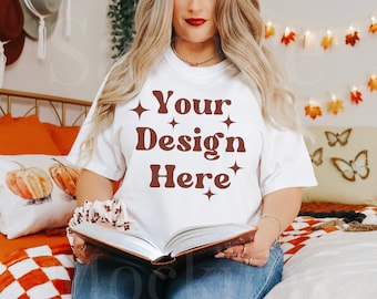 Weiß Comfort Farben Herbst Mockup | Komfortfarben 1717 Mockup | Modell Mockup | Herbst Mockup | Halloween Mockup | Bücherwurm Mockup