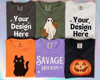 Halloween Comfort Colors Mockup | Folded Comfort Colors Shirts in Pepper, Moss, White, Burnt Orange, Violet, and Black | Group Shirt Mockup