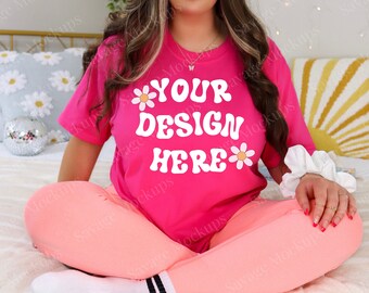 Comfort Colors HELICONIA Mockup | Pink Shirt Mockup | Model Mockup | 1717 Shirt Mockup | Trendy Shirt Mockup | Preppy Shirt Mockup