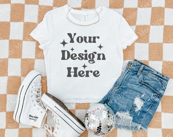 White Bella Canvas 1010 Baby Tee Mockup | Trendy Flat Lay Mockup | Bella Canvas Crop Top | White Baby Tee Mockup | White shirt Mockup