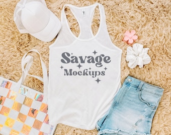 White Next Level 1533 Mockup | White Racerback Tank Top Mockup | 1533 Trendy Flat Lay | Summer Tank Mockup | White 1533 Mockup