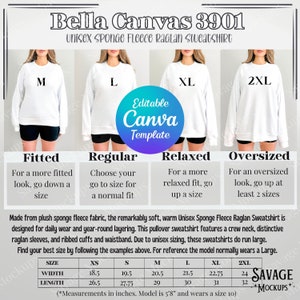Bella Canvas 3901 Tabla de tallas / Maqueta de sudadera Bella Canvas / Maqueta de guía de tallas / Maqueta de sudadera / Maqueta de tabla de tallas de gran tamaño
