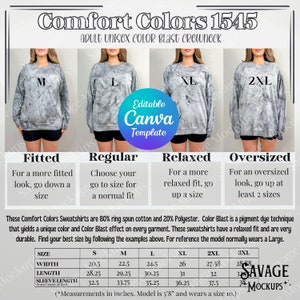 Może przedstawiać: Tabela rozmiarów dla unisexowych bluz z okrągłym dekoltem Comfort Colors 1545. Tabela pokazuje wymiary w calach dla rozmiarów S, M, L, XL, 2XL i 3XL. Tabela zawiera również opis dopasowania dla każdego rozmiaru: dopasowany, regularny, luźny i oversize.