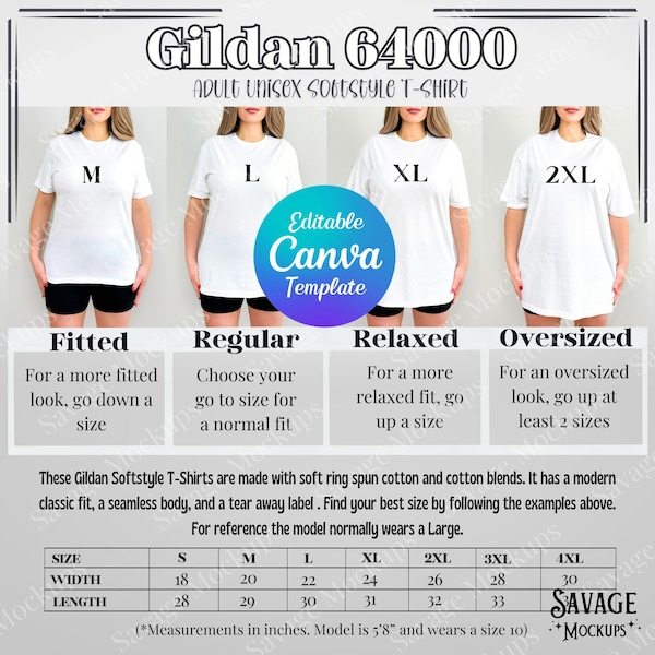 Gildan 64000 Size Chart | Gildan Softstyle Size Chart | Size Chart Mockup | Tshirt Mockup | Oversized Size Guide | Unisex Shirt Mockup